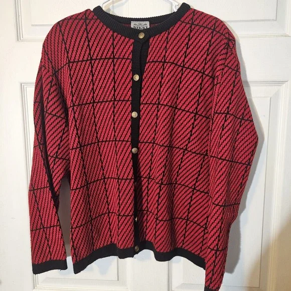 Womens L Made In USA 100% Acrylic Sweater Button Front Cardigan Vintage Red Blk - Picture 7 of 8